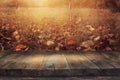 image of front rustic wood boards and background of fall leaves in forest Royalty Free Stock Photo