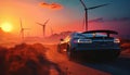 The image in front of the sports car scene behind as the sun going down with wind turbines in the back. Royalty Free Stock Photo