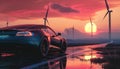 The image in front of the sports car scene behind as the sun going down with wind turbines in the back. 2 Royalty Free Stock Photo