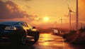 The image in front of the sports car scene behind as the sun going down with wind turbines in the back. Royalty Free Stock Photo