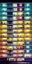 Image of front view of a big town block apartment building at night with multicolor lights in windows made with generative AI Royalty Free Stock Photo