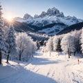 Frosty morning view of Alpe di Siusi village. Breathtaking winter landscape of Dolomite Alps. Majestic outdoor scene