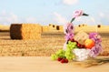 Image of fruits and cheese in decorative basket with flowers over wooden table. Symbols of jewish holiday - Shavuot.