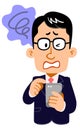 Frustrated expression of a businessman wearing glasses operating a smartphone