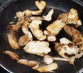 Image of frying pan cooking sliced boletus mushrooms with only garlic accompaniment. Delicious dish Royalty Free Stock Photo