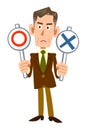 Full-body illustration of an elderly businessman who thinks whether the answer is correct or incorrect