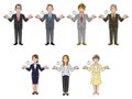 Full-body illustration set of businessmen and businesswomen who open their arms and sigh