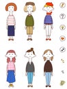 Full body illustration set of young women with various personalities