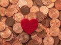 Image full of Euro cents and red heart, copper coin, one and two cents coin will be dismissed by ECB Royalty Free Stock Photo