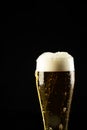 Image of full pint glass of foamy beer, with copy space on black background
