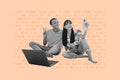 Image full trendy 3d collage poster of two happy business partners girl guy hold phone selfie laptop coding hacker