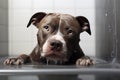 Image of funny picture of a pitbul dog taking a bath with soap bubbles. Pet. Animal. Illustration, Generative AI Royalty Free Stock Photo