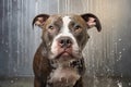 Image of funny picture of a pitbul dog taking a bath with soap bubbles. Pet. Animal. Illustration, Generative AI Royalty Free Stock Photo