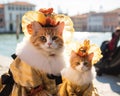 funny scene of a cute cat wearing a traditional costume and mask.