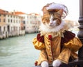 funny scene of a cute cat wearing a traditional costume and mask.