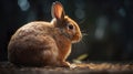 Image of a furry rabbit in macro lens. Cute little rabbit on green grass in sunshine day.