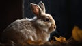 Image of a furry rabbit in macro lens. Cute little rabbit on green grass in sunshine day.