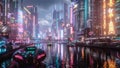 A futuristic city in Asia with a large river running through the center.