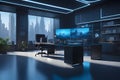 image of a futuristic office blue and dark decoration perfect composition beautiful detailed