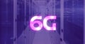 Image of 6g and data over violet server room Royalty Free Stock Photo