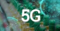 Image of 5g text banner over multiple round scanners against glowing blue spots of light Royalty Free Stock Photo