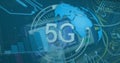 Image of 5g text in circle, globe, computer language and circuit board pattern over technology Royalty Free Stock Photo