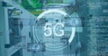 Image of 5g text in circle, radar and programming language over server room