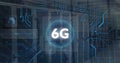Image of 6g text and data processing over circuit board and computer servers Royalty Free Stock Photo