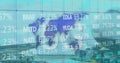 Image of 5g text, financial data processing over world map and plane