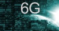 Image of 6g text, globe with binary coding and data processing over dark background Royalty Free Stock Photo