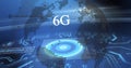 Image of 6g text, globe and digital data processing over computer circuit board Royalty Free Stock Photo