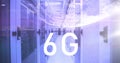 Image of 6g text, globe and maths calculations over computer server room Royalty Free Stock Photo
