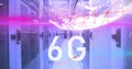 Image of 6g text, globe and maths calculations over computer server room Royalty Free Stock Photo