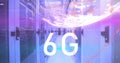 Image of 6g text, globe and maths calculations over computer server room Royalty Free Stock Photo