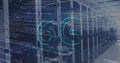 Image of 6g text, numbers, programming language over server room