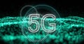 Image of 5g text over abstract waving mesh with green spots