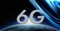 Image of 6g text over blue light trails and globe in background Royalty Free Stock Photo