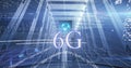 Image of 6g text, processing data and maths calculations over computer server room Royalty Free Stock Photo