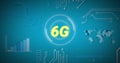 Image of 6g text, scope scanning and data processing over world map Royalty Free Stock Photo