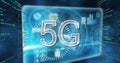 Image of 5g text, scope scanning and data processing on screens