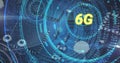 Image of 6g text, scope scanning over binary coding, circuit board of computer server Royalty Free Stock Photo