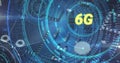 Image of 6g text, scope scanning over binary coding, circuit board of computer server Royalty Free Stock Photo