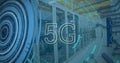 Image of 5g text, scopes scanning and data processing over servers Royalty Free Stock Photo