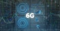Image of 6g text, statistics and data processing over computer servers background Royalty Free Stock Photo