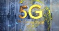 Image of 5g text and yellow globe and maths calculations over computer server room Royalty Free Stock Photo
