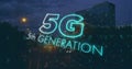 Image of 5g 5th generation text flickering over cityscape in background Royalty Free Stock Photo