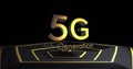 Image of 5g 5th generation text over gold pattern on black background Royalty Free Stock Photo