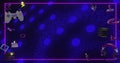Image of game controllers, icons and pink frame over flashing coils of blue lights