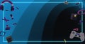 Image of game controllers, shapes, icons and blue frame over flashing blue curves
