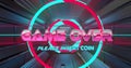 Image of game over and please insert coin text over looping futuristic tunnel Royalty Free Stock Photo